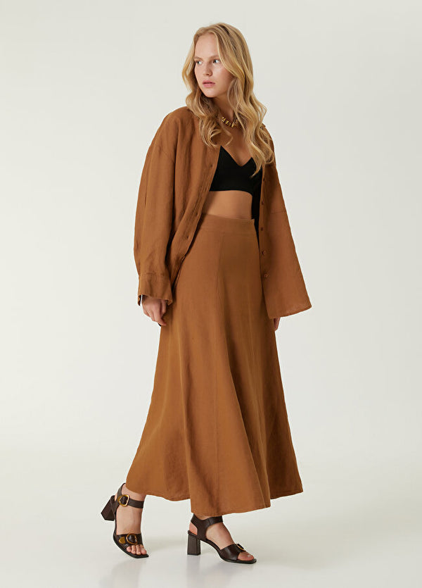 Beymen Club Midi Linen Skirt Camel