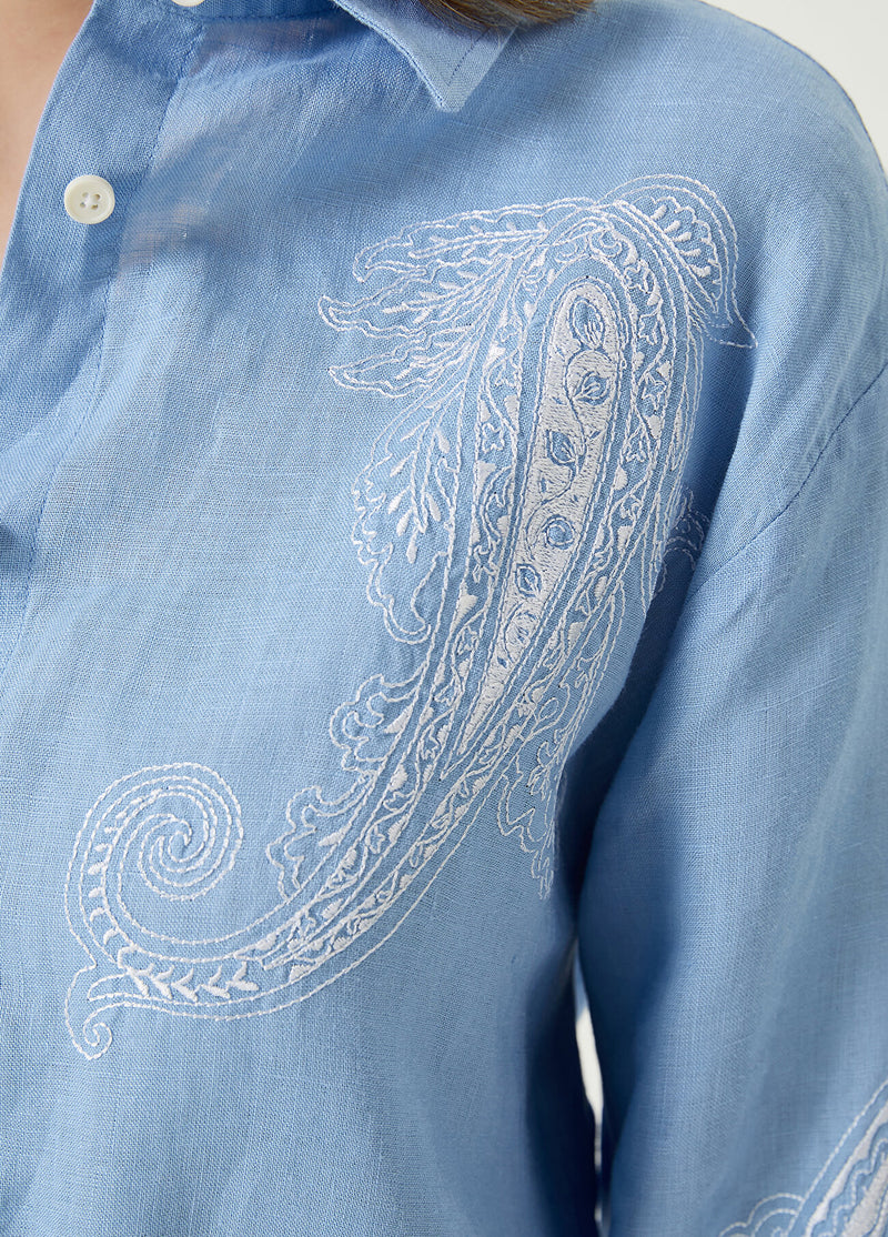 Beymen Club Ethnic Embroidered Linen Shirt Light Blue