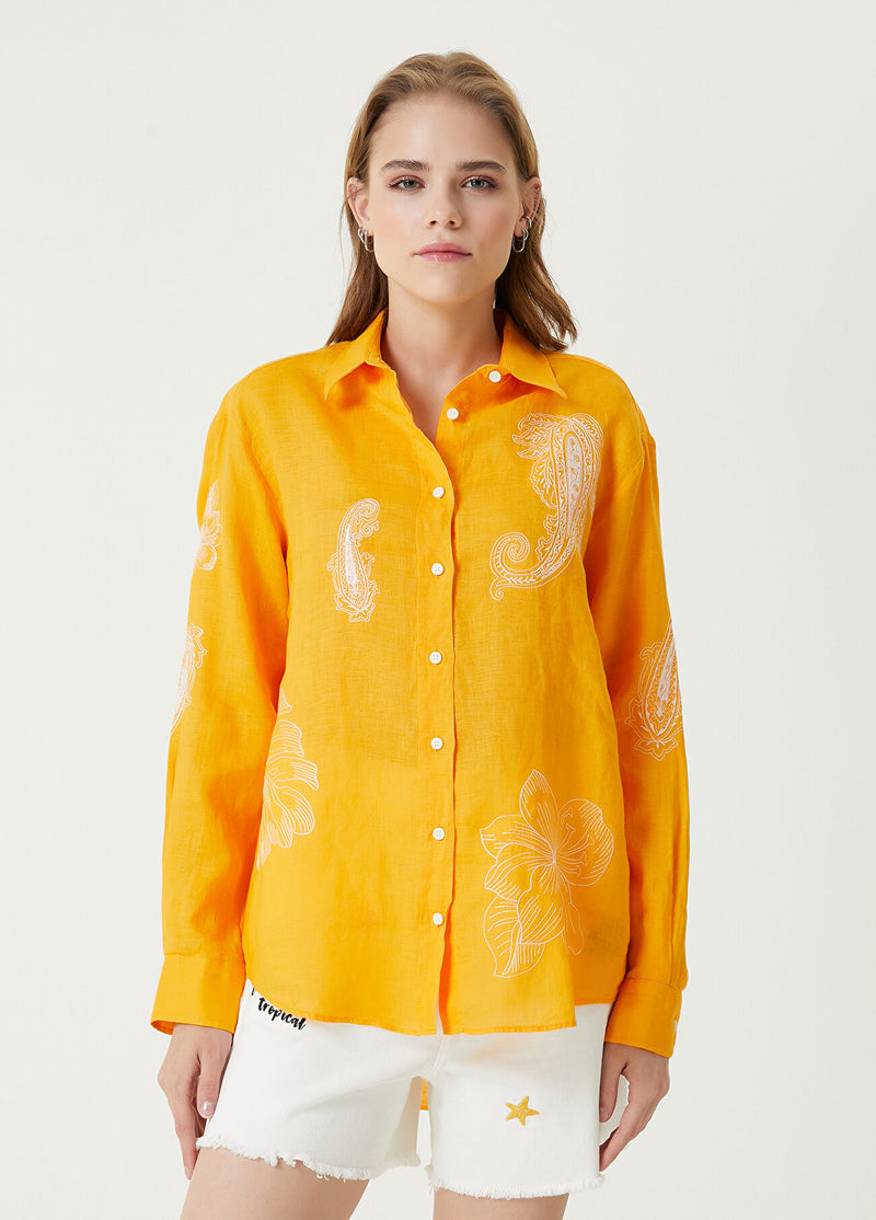 Beymen Club Ethnic Embroidered Linen Shirt Orange