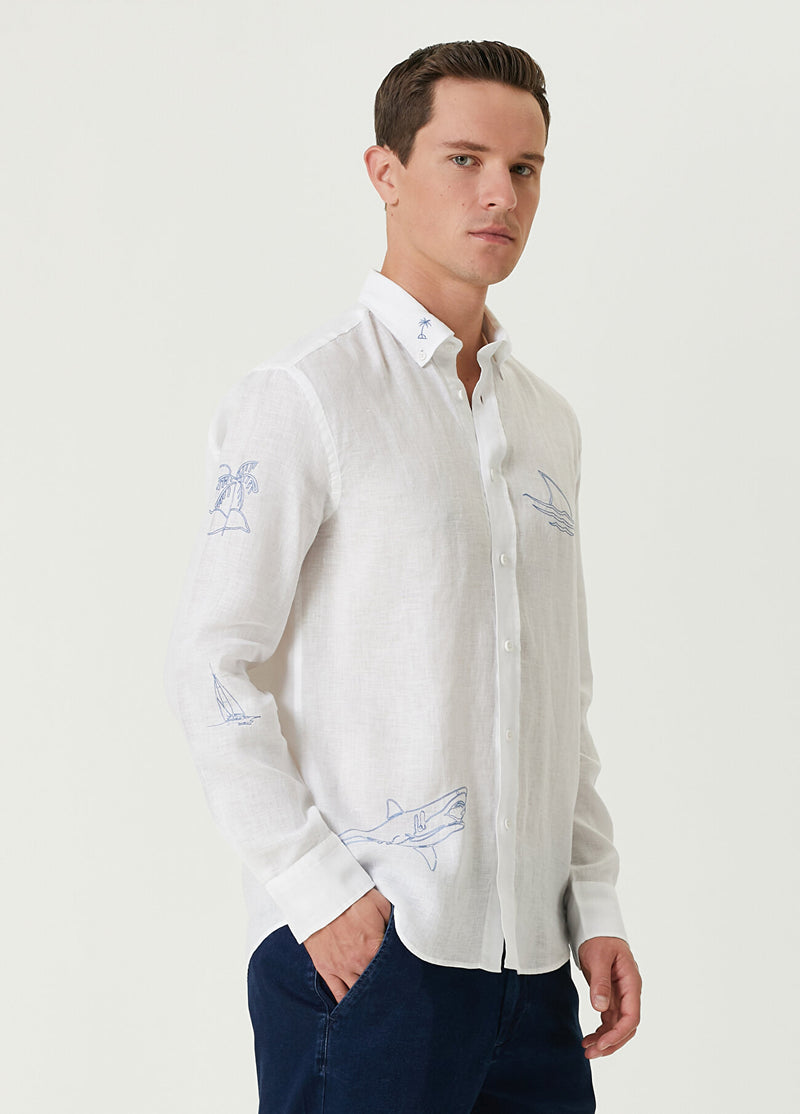 Beymen Club Men Comfort Fit Fish Sailing Embroidered Linen Shirt White