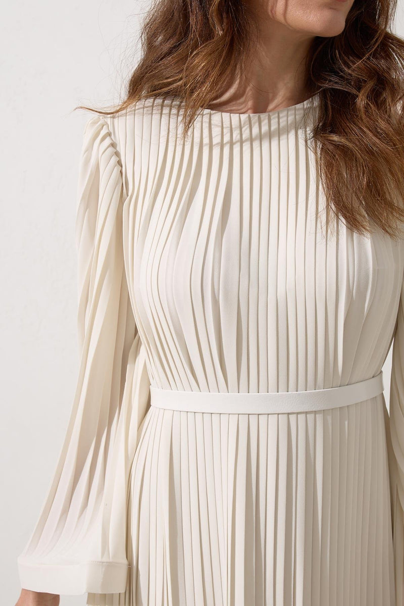 Setre Waist Belt And Pleat Detailed Midi Length Dress Cream