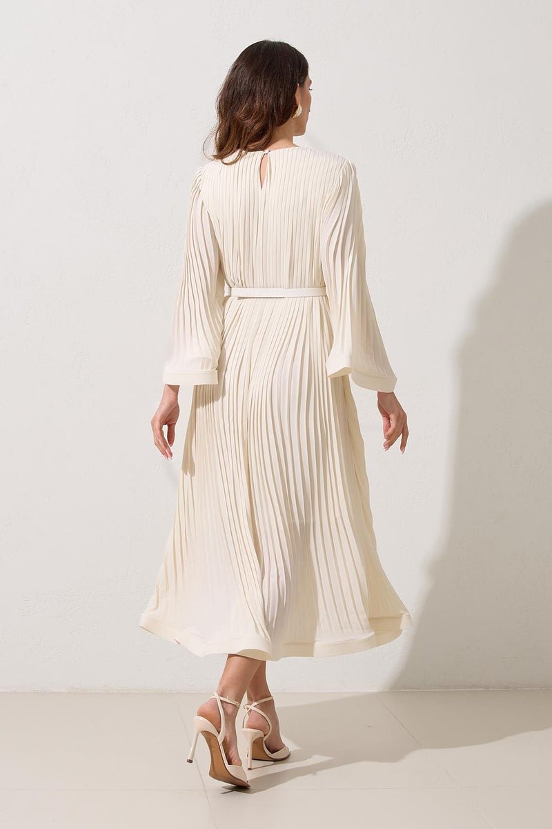 Setre Waist Belt And Pleat Detailed Midi Length Dress Cream