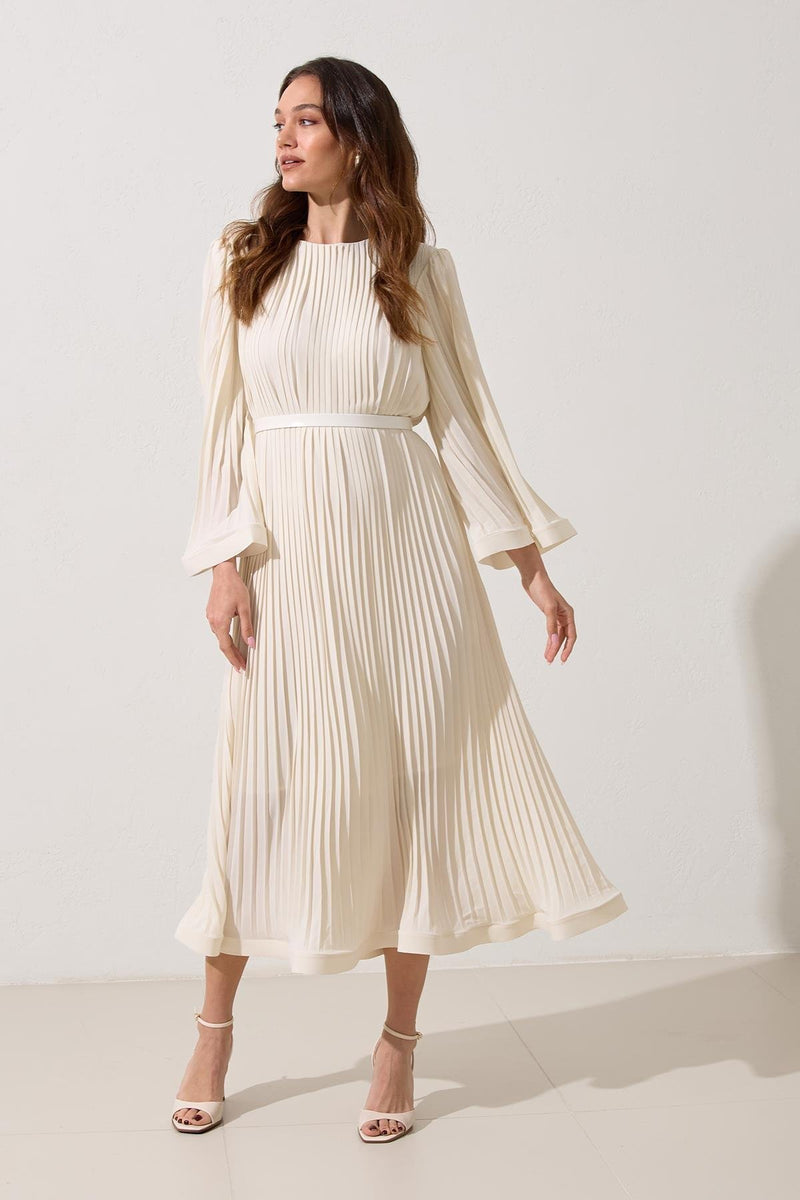 Setre Waist Belt And Pleat Detailed Midi Length Dress Cream