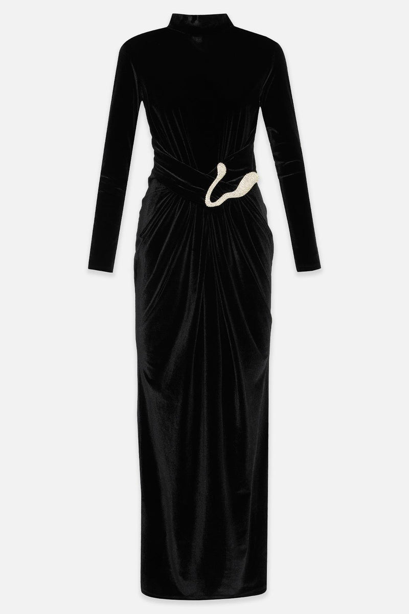 Setre Waist Accessory Detailed Velvet Dress Black