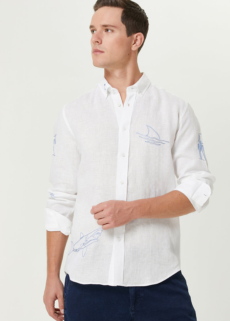 Beymen Club Men Comfort Fit Fish Sailing Embroidered Linen Shirt White