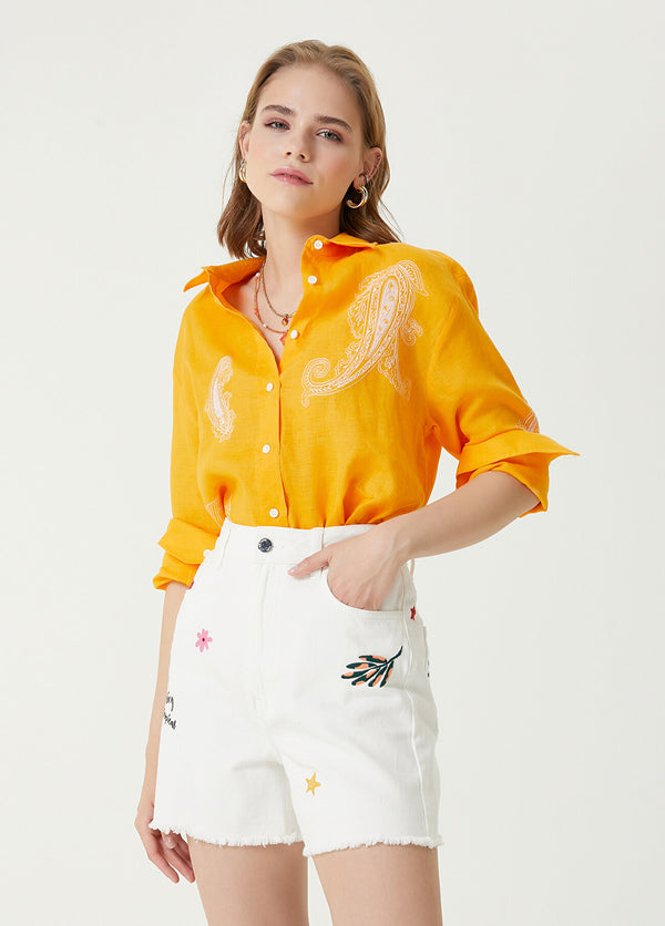 Beymen Club Ethnic Embroidered Linen Shirt Orange