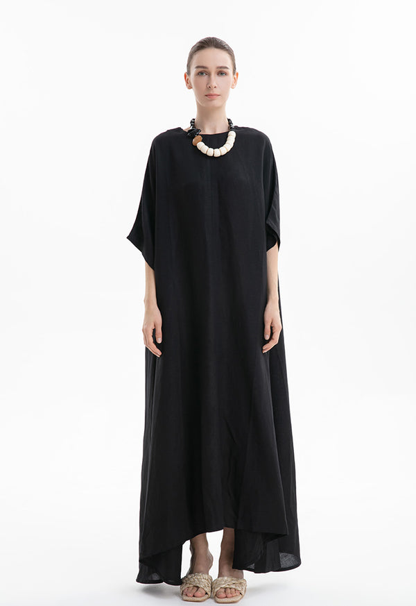 Choice Textured Linen Long Flared Dress Black