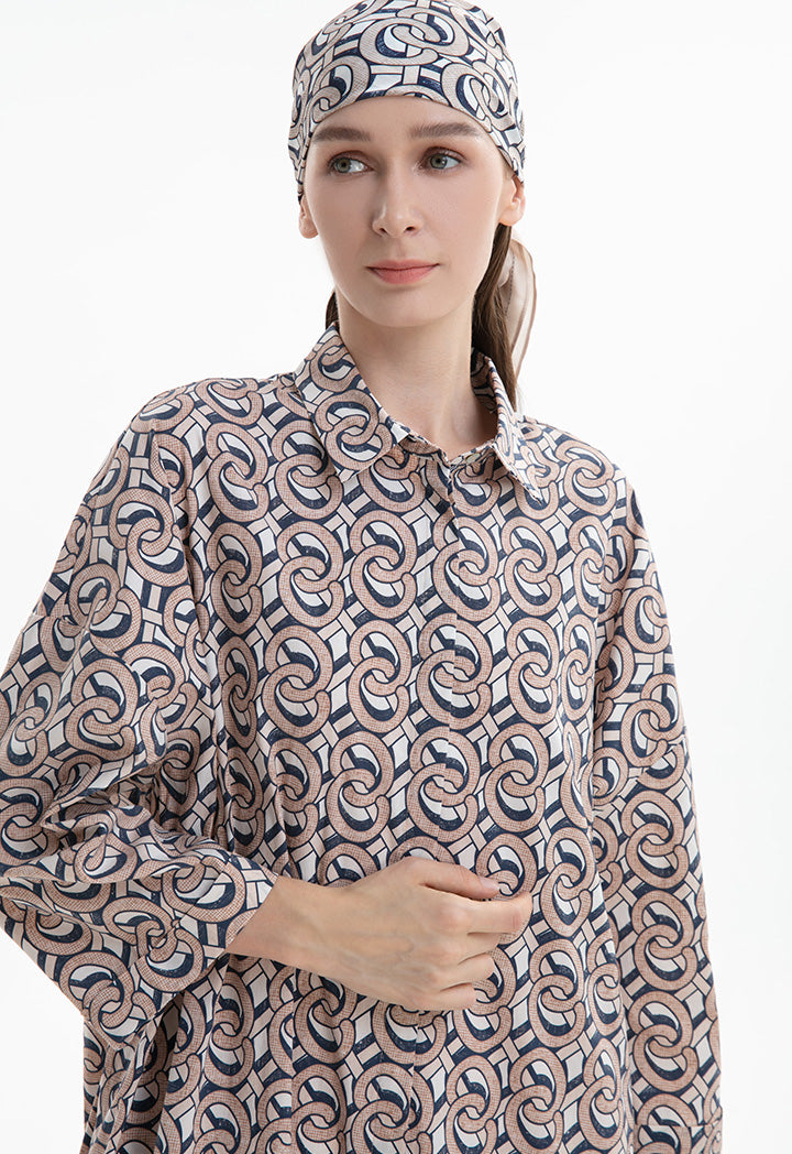 Choice Printed Shirt Dress With Long Sleeve Beige-Print