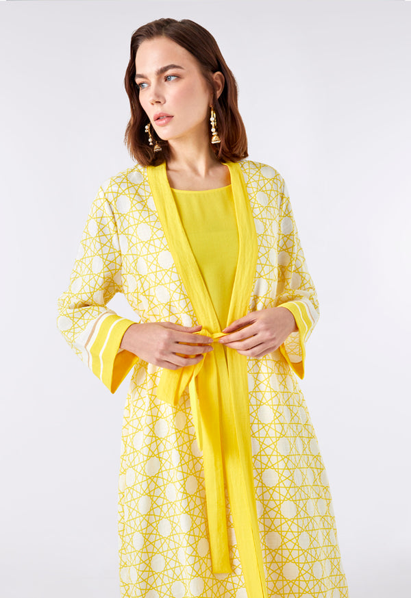 Choice Long Printed Linen Kimono Yellow Print - Wardrobe Fashion
