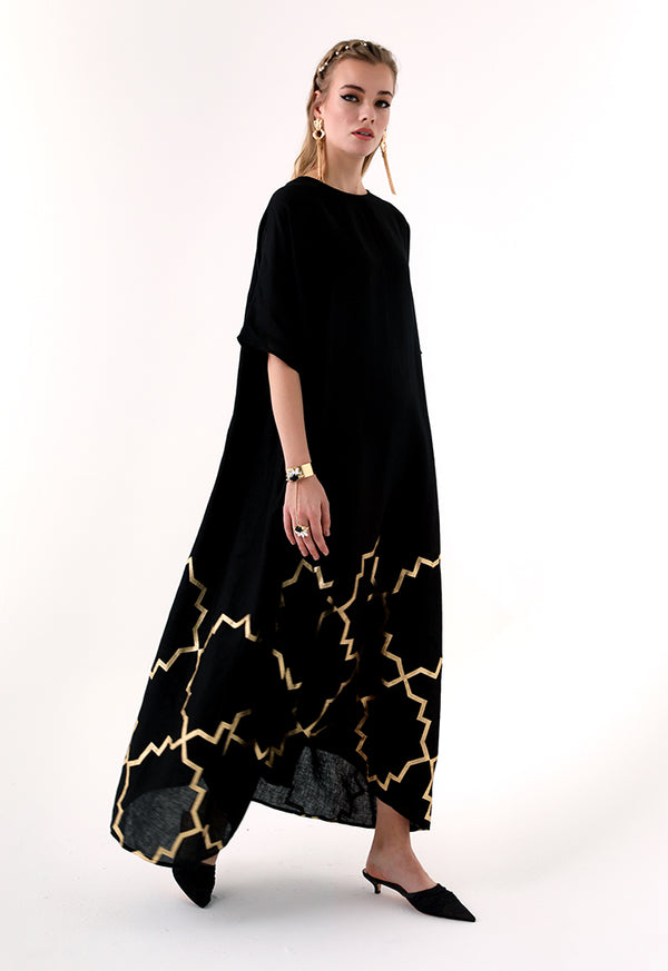 Choice Detailed Hem Print Linen Abaya Black - Wardrobe Fashion