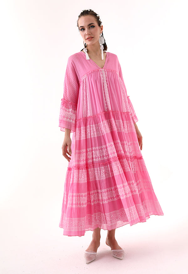 Choice Printed V-Neck Tiered Dress Pink - Wardrobe Fashion