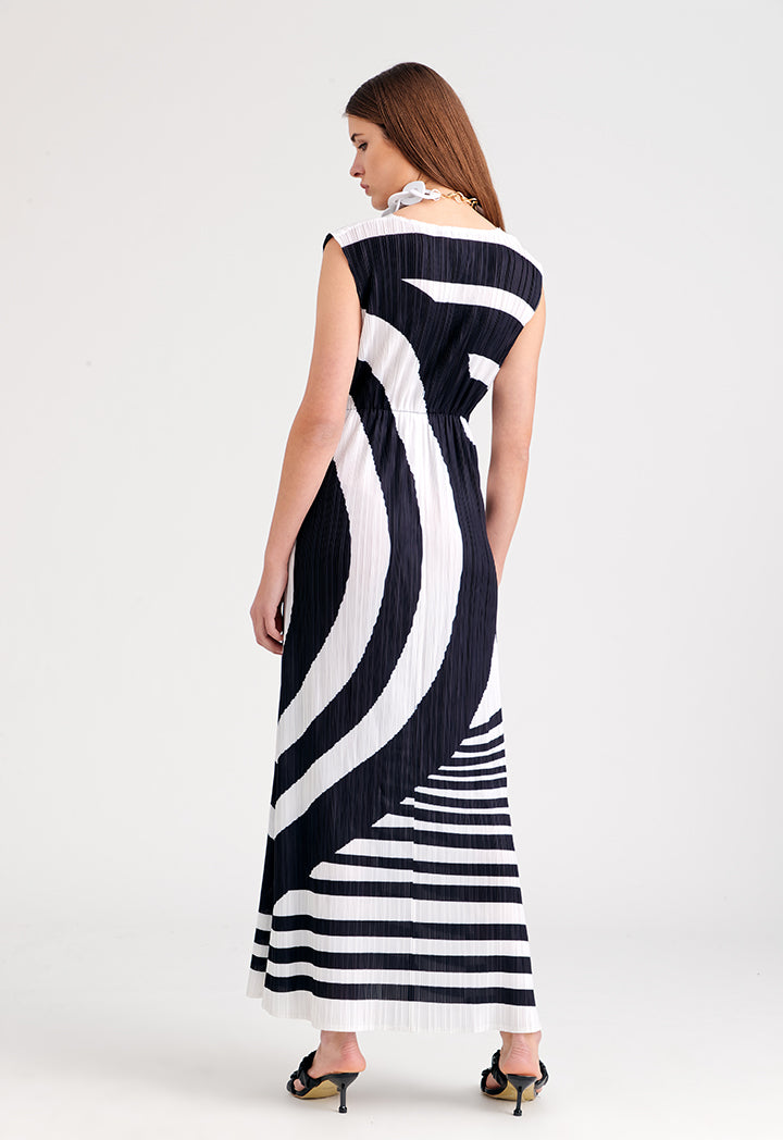 Choice Electric Pleated Dress With Self Tie Black/Cream