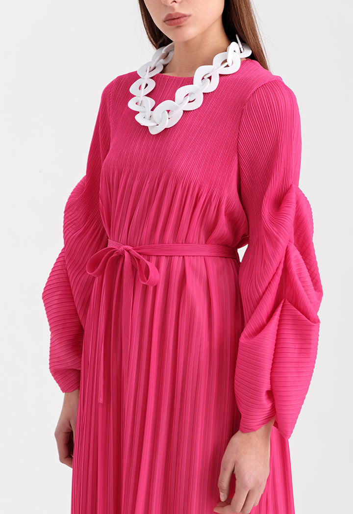 Choice Electric Pleated Dress With Frill With Belt Fushia