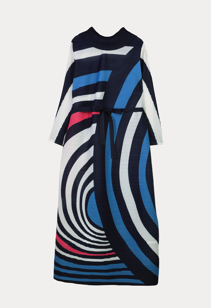 Choice High Neck Electric Pleated Dress With Belt Navy