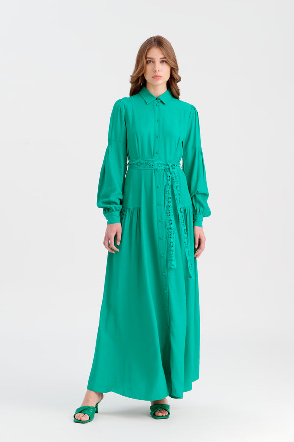 Choice Long Textured Dress With Lace Belt Green