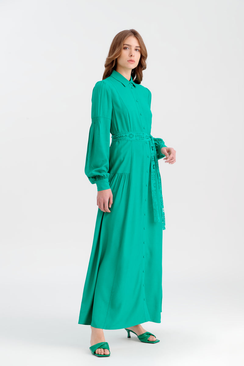 Choice Long Textured Dress With Lace Belt Green