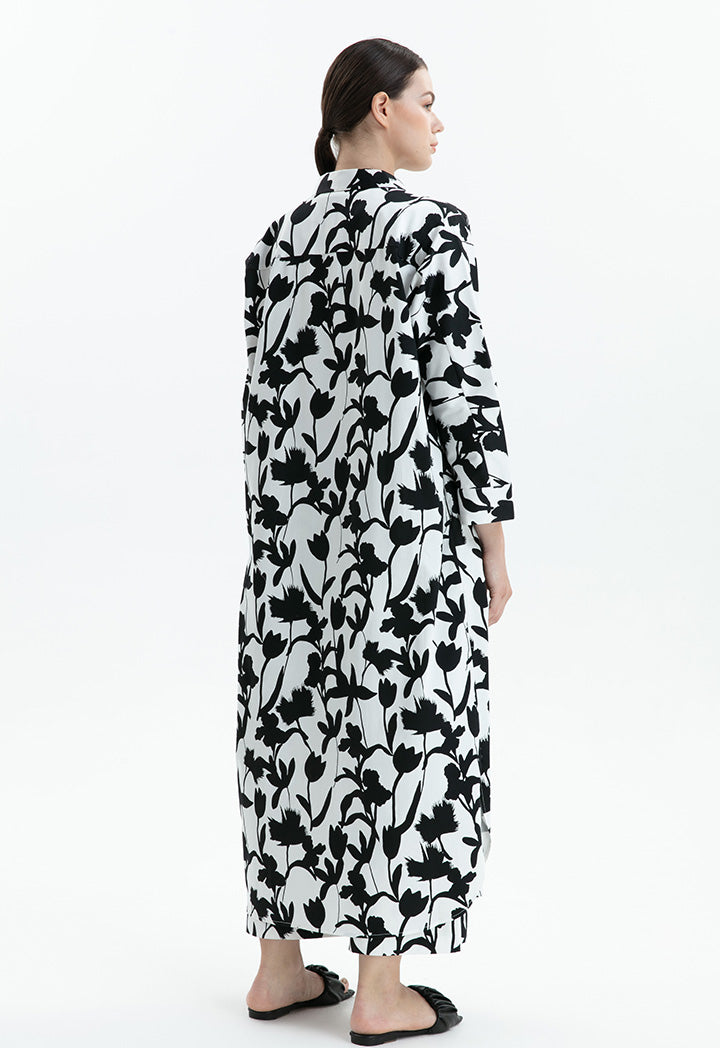 Choice Leaf Printed Two Tone Maxi Abaya White/Black