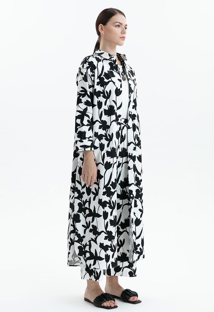 Choice Leaf Printed Two Tone Maxi Abaya White/Black