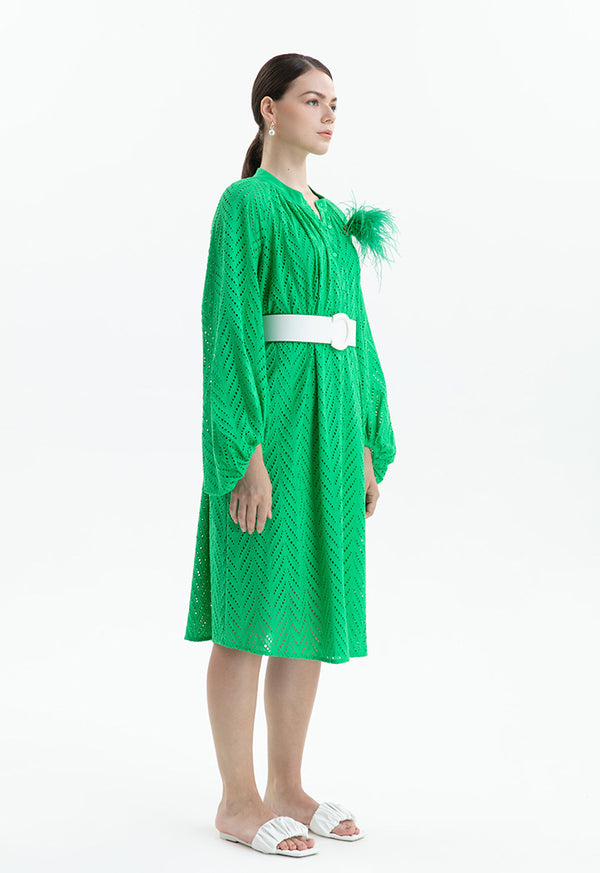 Choice Schiffli Patterned Midi Shirt Dress Green