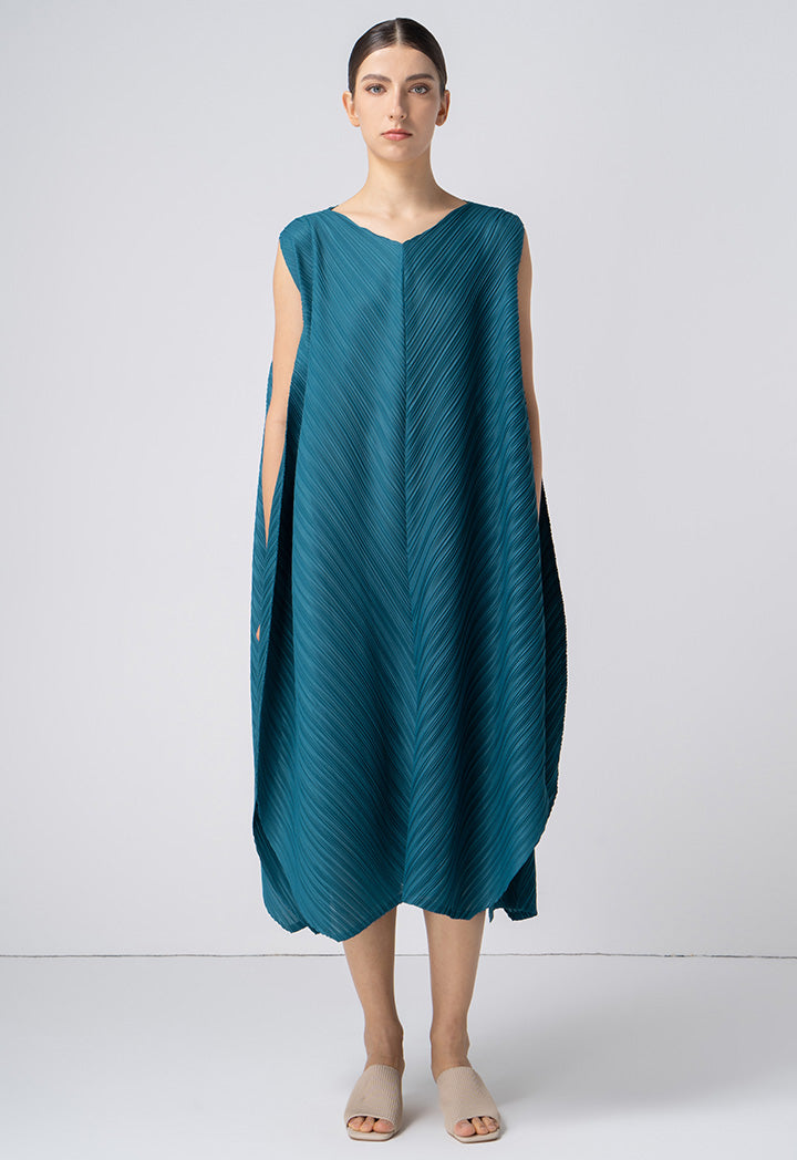 Choice Solid Sleeveless Pleated Asymmetrical Dress Teal