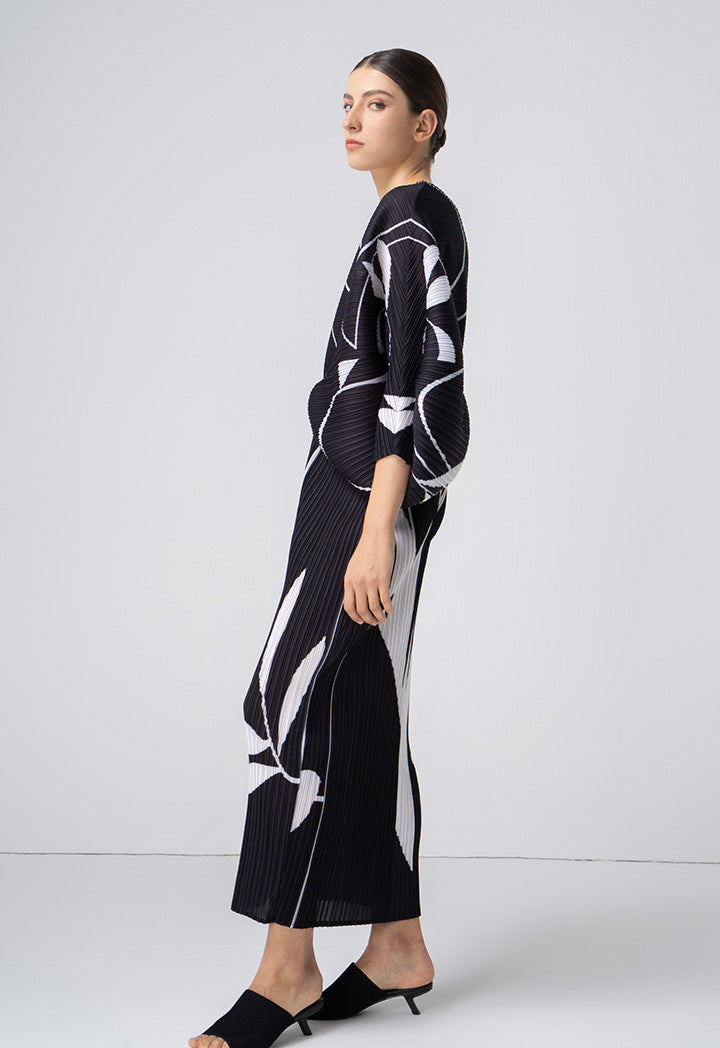 Choice Patterned Pleated Midi Dress Black