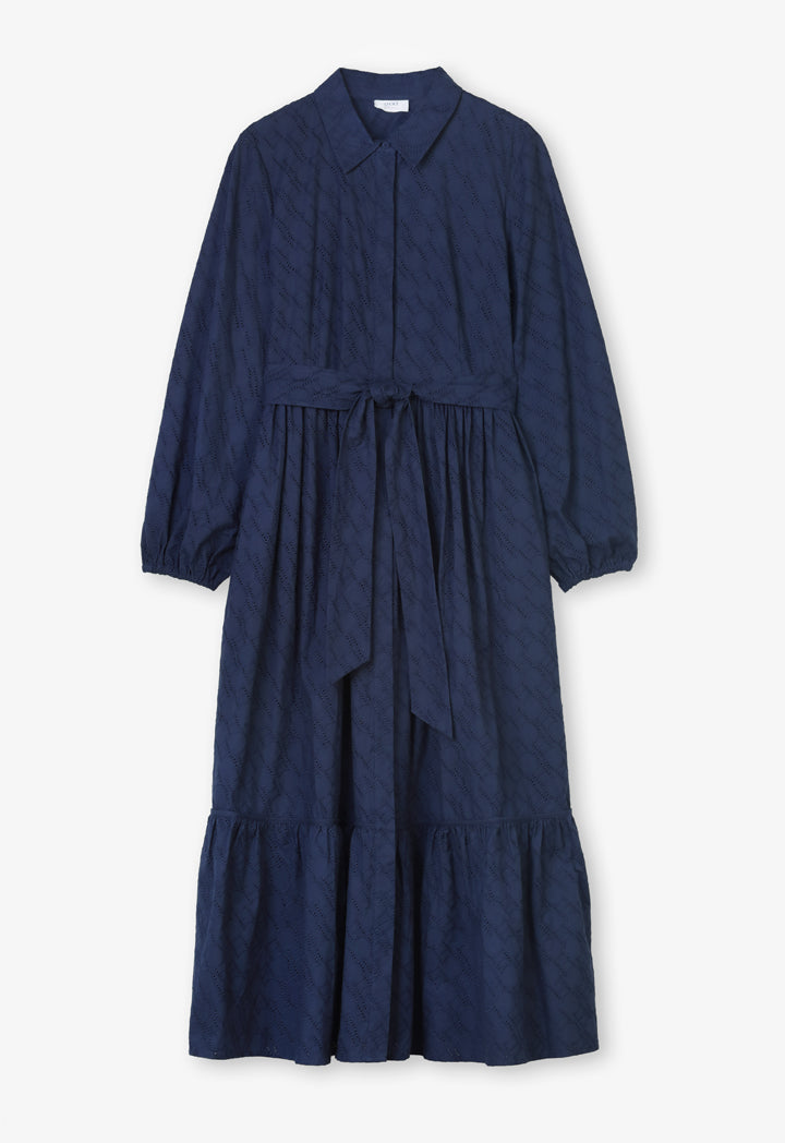 Choice Solid Monogram Belted Shirt Dress Navy