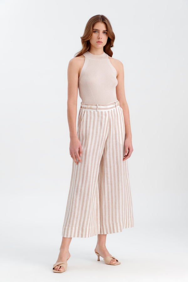 Choice Long Contrast Stripe Linen Pants Offwhite-Beige