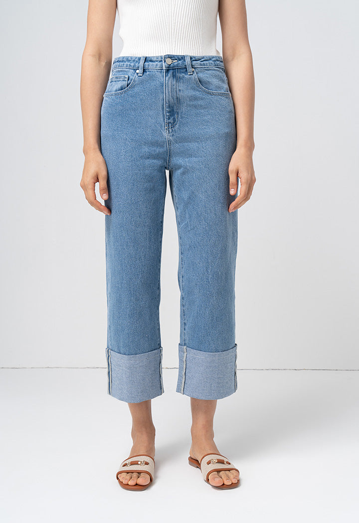 Choice Folded Wide Legs Denim Trouser Light Blue