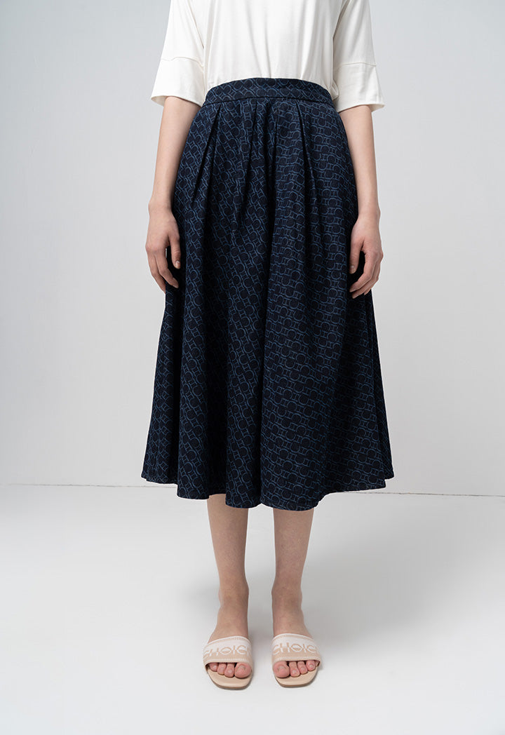 Choice Patterned Pleated Midi Skirt Blue
