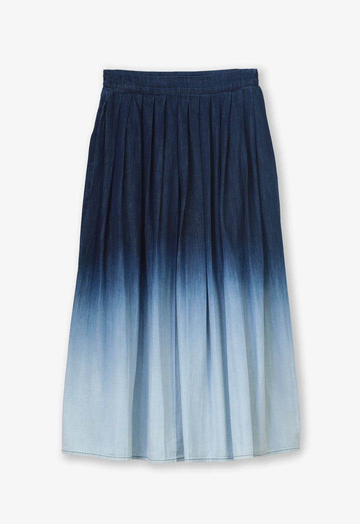 Choice Box Pleated Ombre Flared Denim Skirt Blue