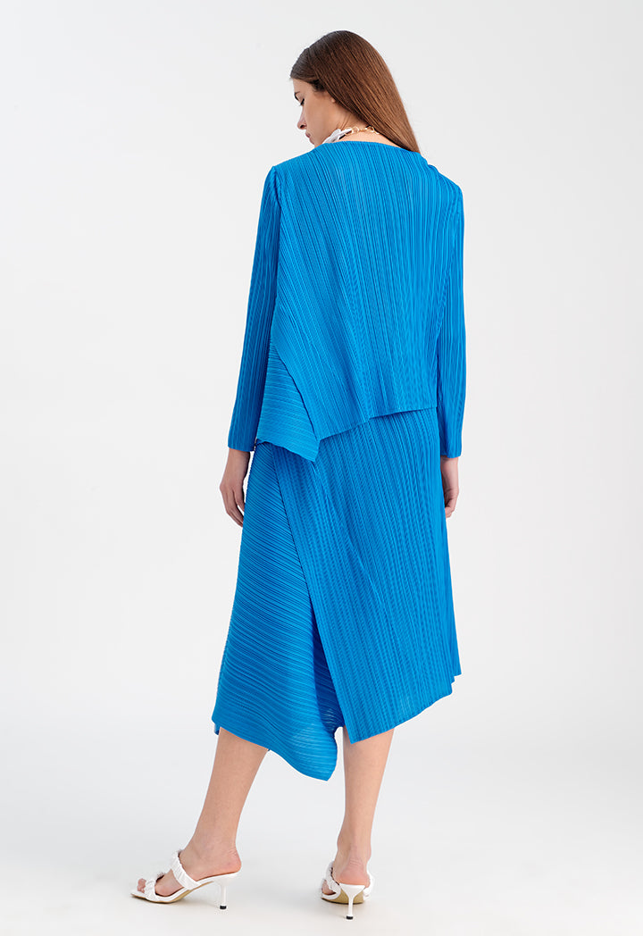 Choice Round Neck Electric Pleated Blouse Blue+Blue