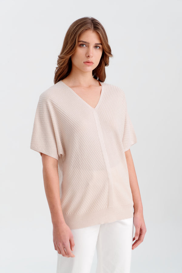 Choice Knitted V-Neck Solid Blouse Beige