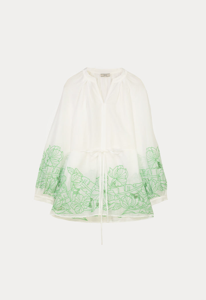 Choice Contrast Flower Embroidered Blouse Off White