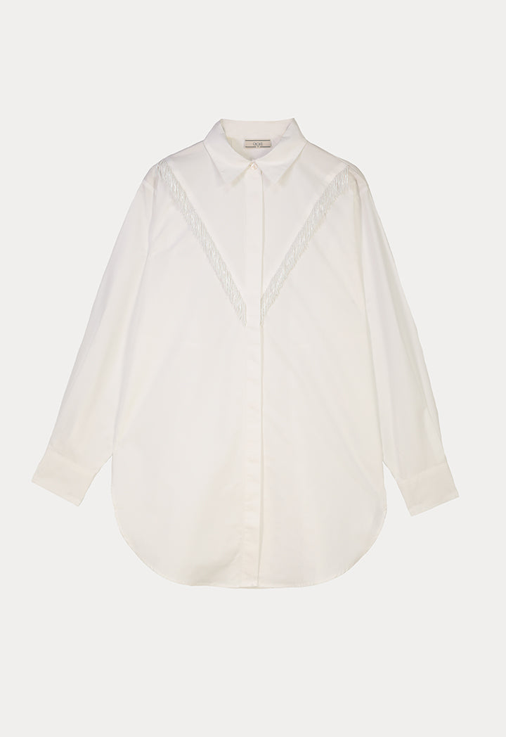 Choice V Front Fringes Solid Shirt Off White