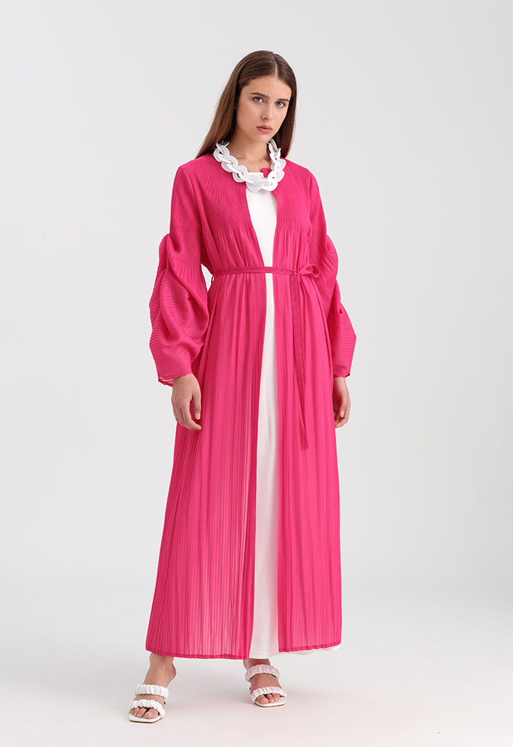 Choice All Over Pleated Solid Long Kimono Fushia