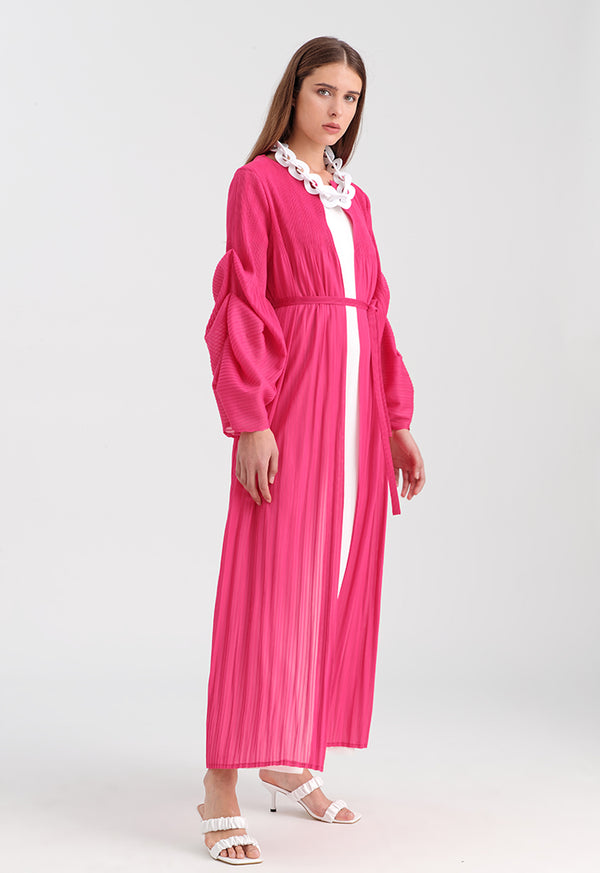 Choice All Over Pleated Solid Long Kimono Fushia