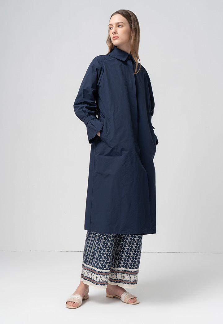 Choice Solid Long Sleeves Belted Maxi Jacket  Navy