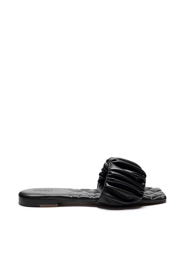 Choice Quilted Ruched Faux Leather Flat Mule Sandal Black