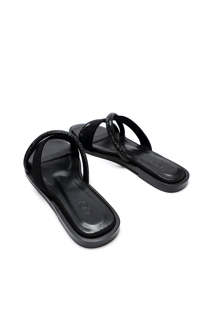 Choice Studded Rhinestones Slanted Strap Slides Sandals Black