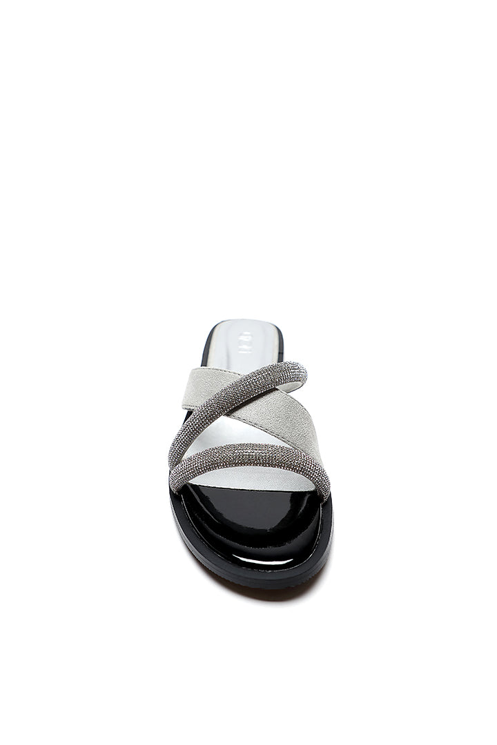 Choice Studded Rhinestones Slanted Strap Slides Sandals Silver