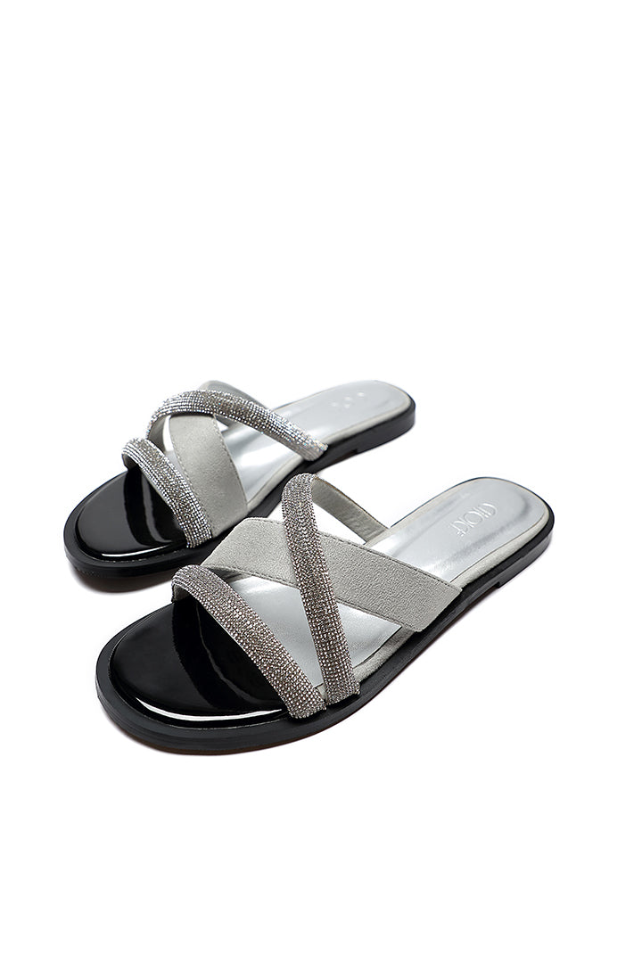 Choice Studded Rhinestones Slanted Strap Slides Sandals Silver