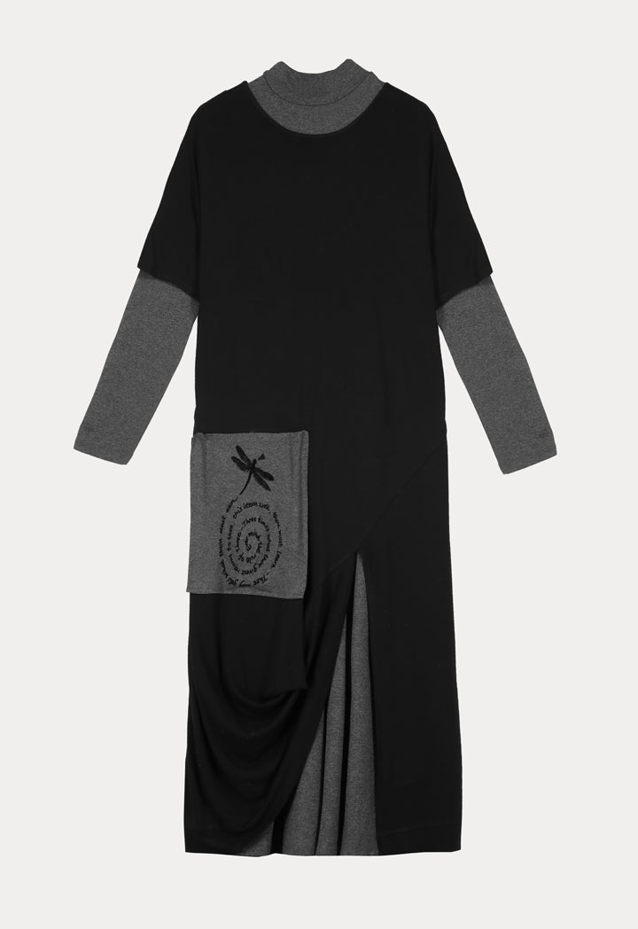 Choice Long Sleeve Midi Jersey Dress Black-Grey