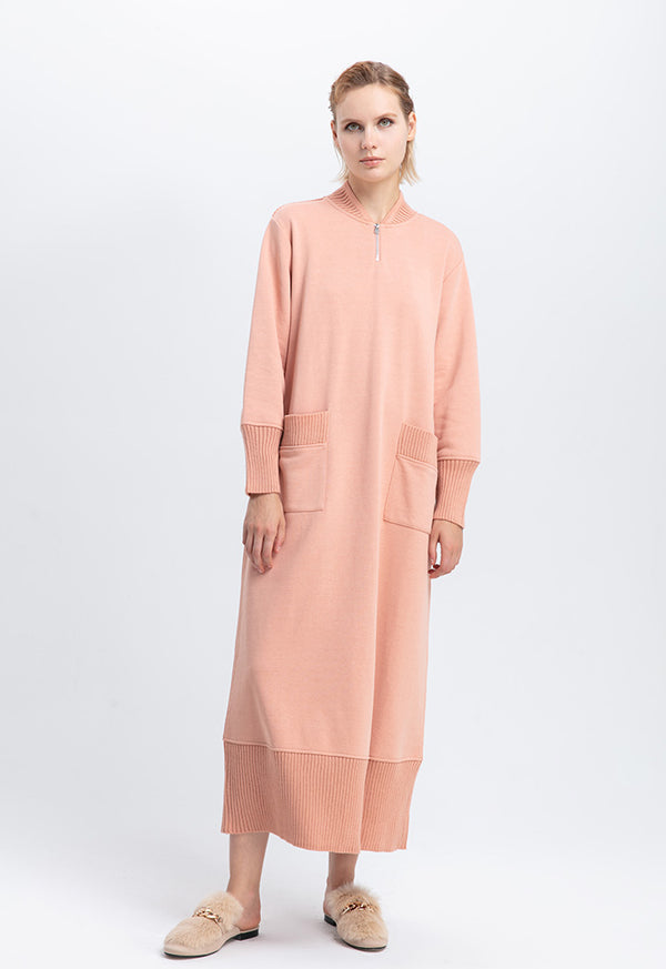 Choice Double Knit Trim Stand Collar Dress Apricot