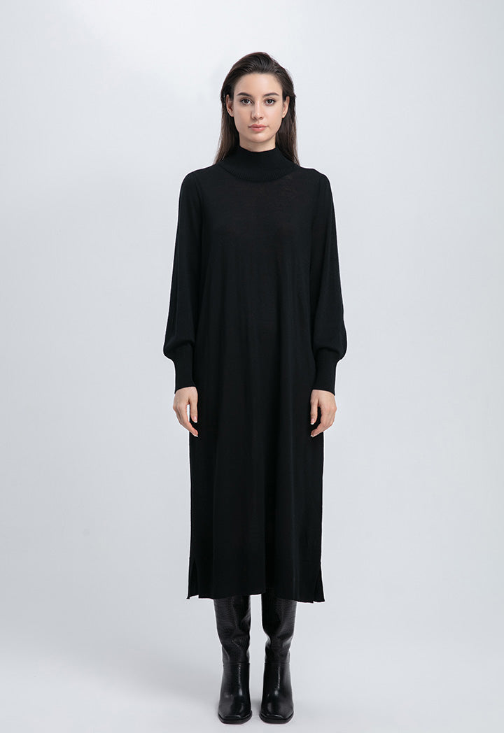 Choice Solid Color Knitted Turtle Neck Dress Black