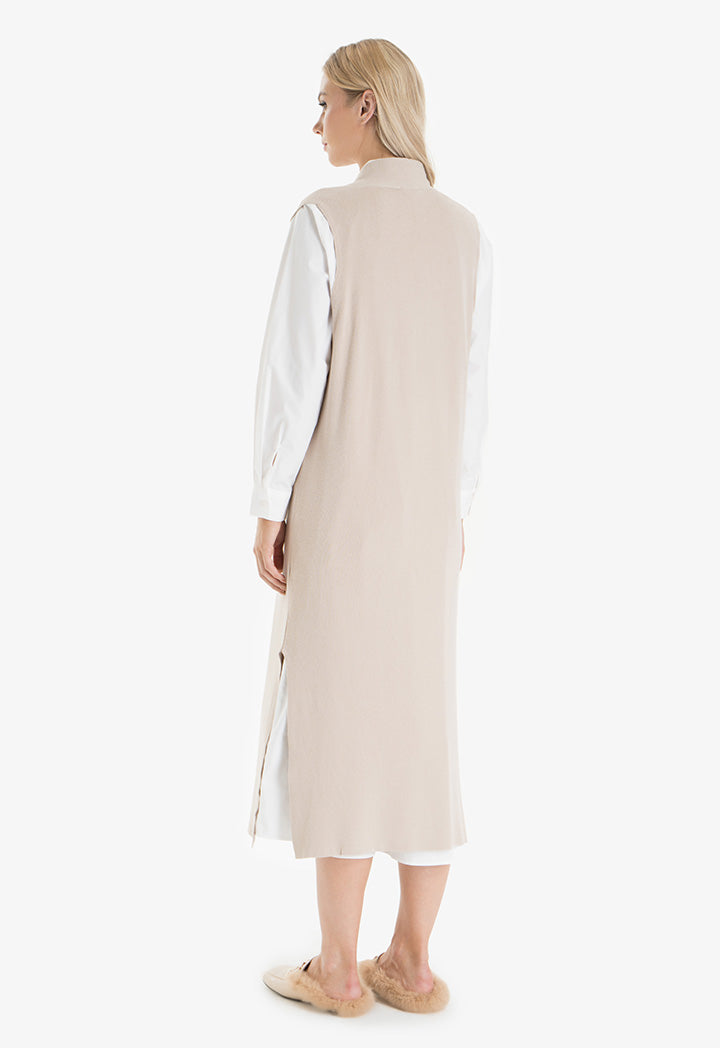 Choice Deep V-Neck Sleeveless Knitted Dress Beige