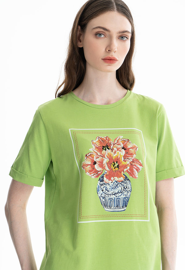 Choice Square Floral Printed T-Shirt Green