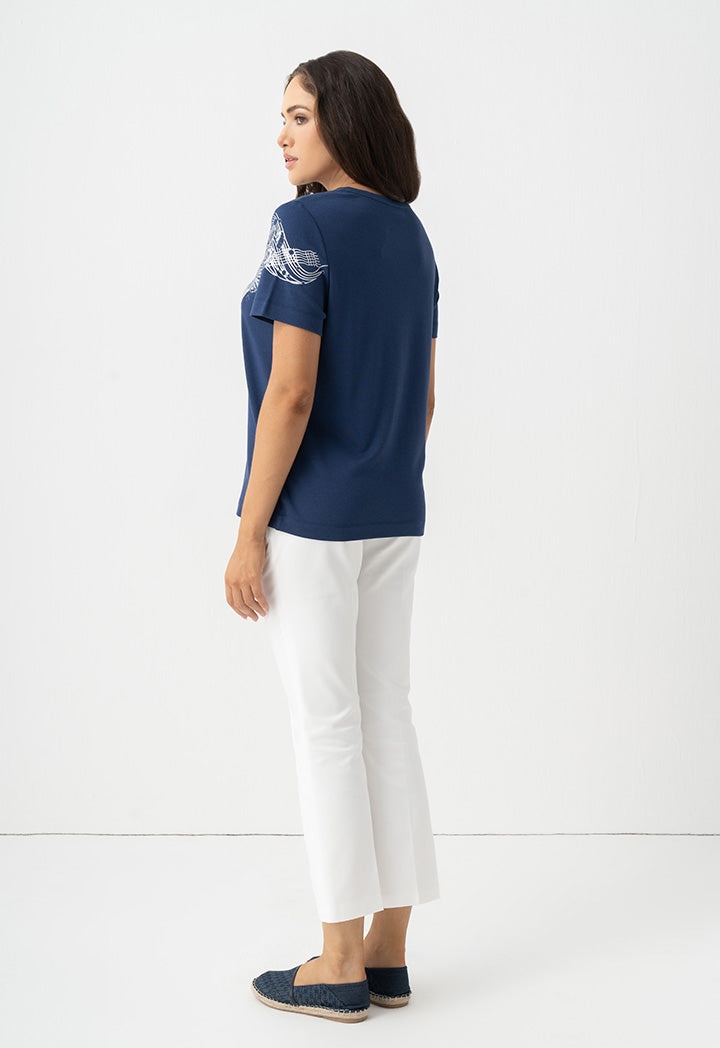 Choice Short Sleeves Printed Motif T-Shirt Navy