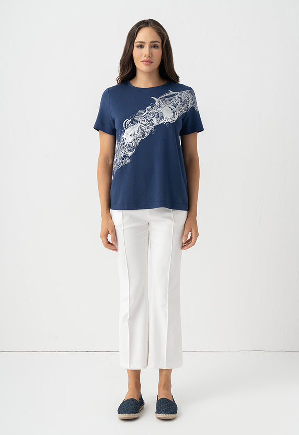 Choice Short Sleeves Printed Motif T-Shirt Navy