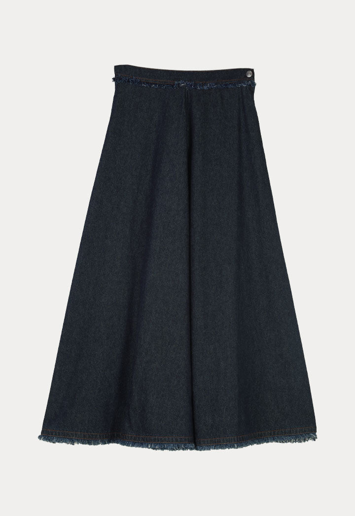 Choice Fringed A-Line Denim Long Skirt Blue