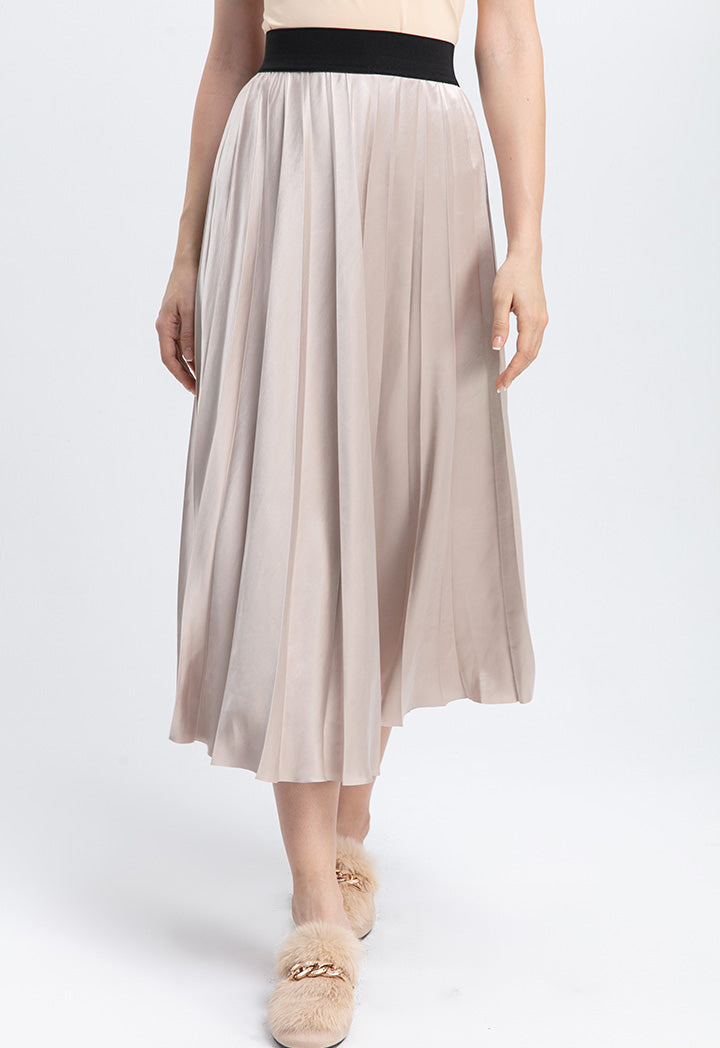 Choice Contrast Color Exposed Waist Elastic Pleated Skirt Latte